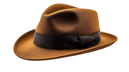 Stylish brown fedora hat with ribbon band, isolated on white background