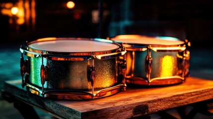 Fototapeta premium Nightclub Drums on Wooden Table with Warm Lighting