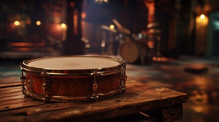 Obraz premium Vintage snare drum on rustic wooden table in dimly lit music venue
