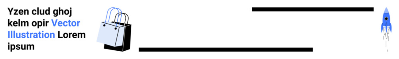 Black and white shopping bag paired with a blue rocket launching ideas of e-commerce, innovation, and digital transformation. Ideal for online shopping, growth marketing, startup, innovation