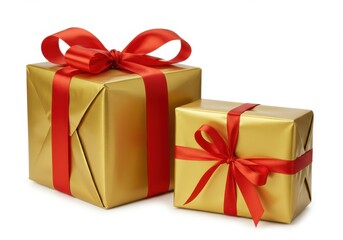 Obraz premium Gold gifts with red bow isolate on white background