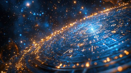 Obraz premium Mystical Astrology Zodiac Signs on a Galactic Spiral Pattern Background