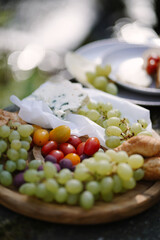 The wooden plate full of fresh fruits, vegetables and cheese on the table in the mountains near the river. Lovely forest picnic in the sunny spring day 