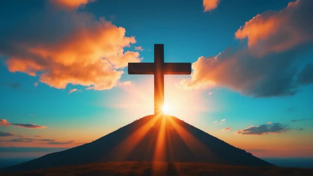 Silhouetted crucifix on a mountain with a brilliant sunbeam set against a colorful sky.