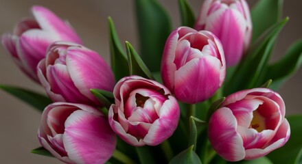 Fototapeta premium Pink and White Tulips Bouquet - Delicate pink and white tulips, symbolizing spring, beauty, perfect love, new beginnings, and hope. A vibrant floral arrangement