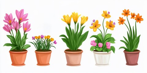 Vibrant potted flowers in various colors.