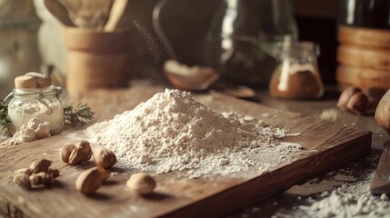 Fototapeta premium Wooden cutting board with flour and scattered walnuts