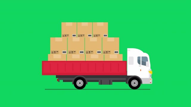 animated  delivery truck with  boxes moving on green background 2d animation 4k video footage
