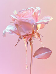 A rose, melting and dripping, pastel color gradients, iridescent holographic glass, soft, translucent effect.