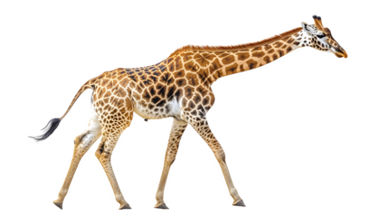 Tall giraffe with long neck and spotted coat, isolated on white background