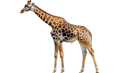Naklejka premium Tall giraffe with long neck and spotted coat, isolated on white background