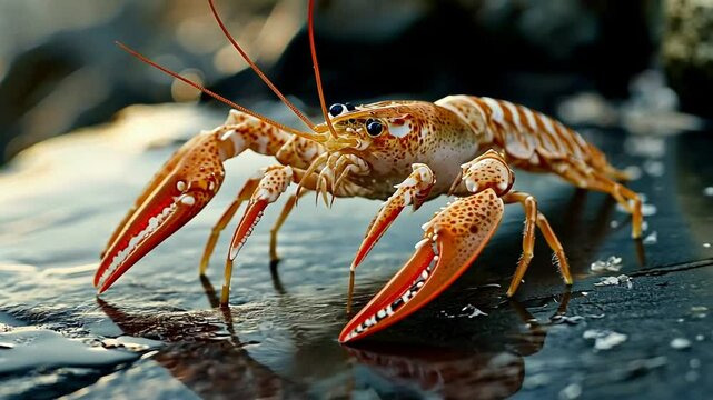 Close-up of a vibrant crayfish on a dark wet stone, showcasing its intricate details and striking colors.