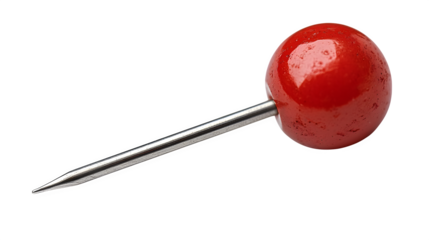 Red push pin with sharp metallic point and plastic head isolated on white background