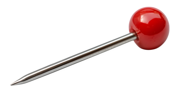Red push pin with sharp metal tip and plastic head, isolated on white background