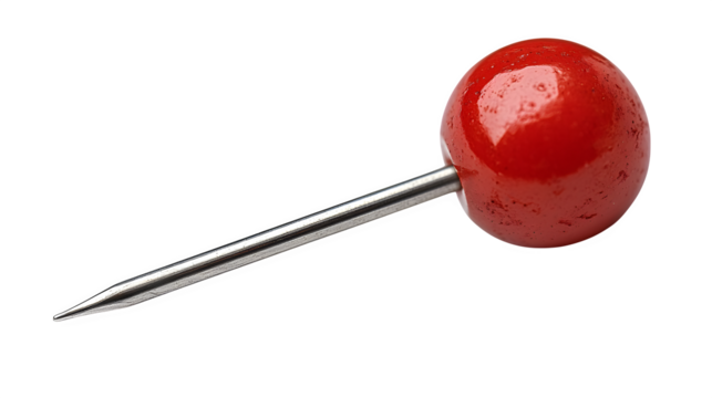 Red push pin with sharp metallic point and plastic head isolated on white background