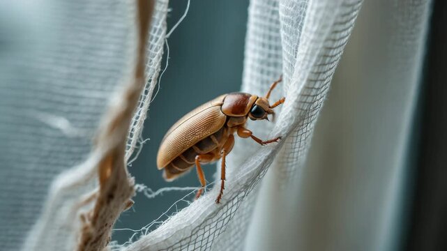Varied carpet beetle: a household and storage pest impacting natural animal materials. Adult seen on a window curtain from the side view.