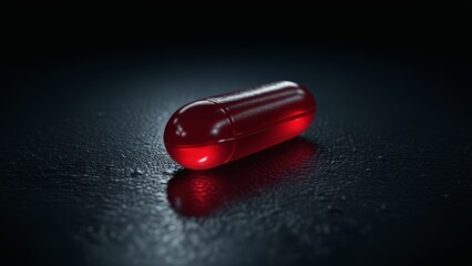 Glowing red capsule pill lying on dark textured surface under dramatic lighting conditions.