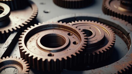 Close-up of rusty metal gears interlocking against dark background, detailed mechanical texture.