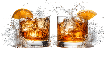 Tequila glasses clinking mid-splash, festive moment, isolated on white background