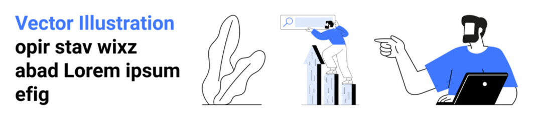 A person with a laptop gesturing, a figure searching on bar charts, and abstract plant elements. Ideal for business, analytics, growth, teamwork, productivity, search and flat landing page banner