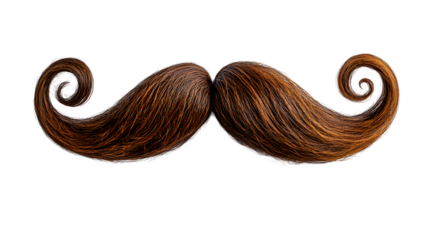 Thick chestnut brown mustache with curled ends, vintage style, isolated on white background