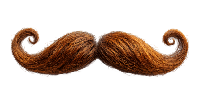 Thick chestnut brown mustache with curled ends, vintage style, isolated on white background