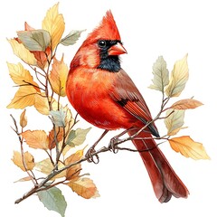 Northern Cardinal Bird Perched on Autumn Branch with Colorful Leaves.