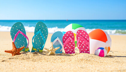 Obraz premium beach bag and flip flops on the beach