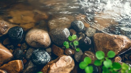 Close-up of river pebbles with shallow water and sprouting greenery