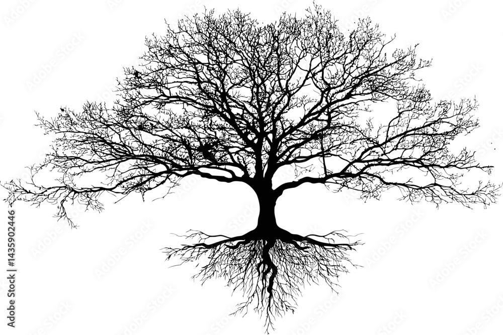 Poster silhouette of a tree with intricate branches and roots against white backdrop. vector illustration