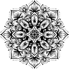 Intricate black and white mandala with floral pattern and geometric symmetry. Vector illustration
