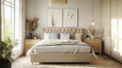 A stylish Scandinavian bedroom with an upholstered bed frame