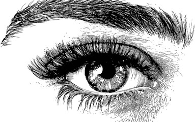 Obraz premium Detailed black and white sketch of a human eye with intricate eyelashes, drawing. Vector illustration