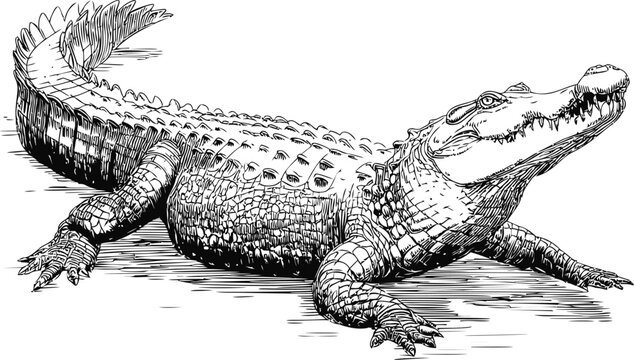 Detailed black and white sketch of a crocodile lying on the ground, art illustration. Vector illustration