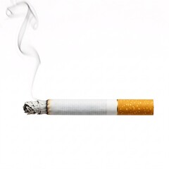 Burning cigarette with ash, tobacco product, smoking, unhealthy habit, addiction. Isolated on a white background