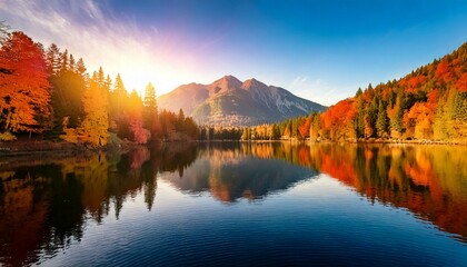 Fototapeta premium Tranquilo lago otoñal al amanecer con reflejo de montaña, fotografía hiperrealista,