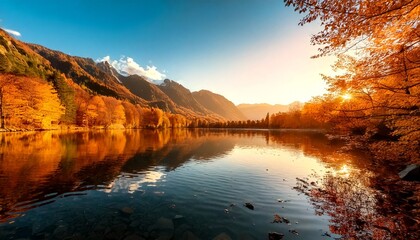 Tranquilo lago oto&ntilde;al al amanecer con reflejo de monta&ntilde;a, fotograf&iacute;a hiperrealista,