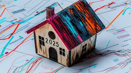 Colorful Wooden House Model on Financial Concept Background with Graphs and Data