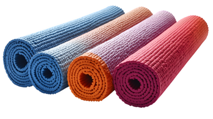 Rolled yoga mat in solid color, isolated on white background