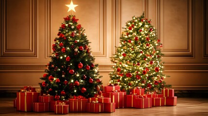 Beautifully Decorated Christmas Trees with Gifts in Elegant Room