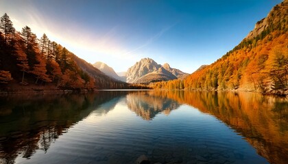 Fototapeta premium Tranquilo lago otoñal al amanecer con reflejo de montaña, fotografía hiperrealista,