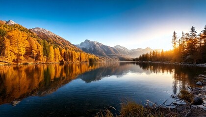 Obraz premium Tranquilo lago otoñal al amanecer con reflejo de montaña, fotografía hiperrealista,