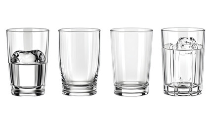 Transparent drinking glass collection, empty and clean, isolated on white background
