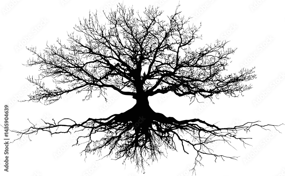 Poster silhouette of a tree with branches and roots spread, symbolizing connection. vector illustration