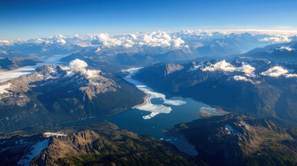 Aerial view of Alaskan glacier valley and lake, mountains and clouds.  Possible use Nature, travel, tourism