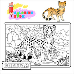 Wild African cheetah, outline illustration, coloring page for kids