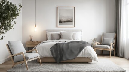 A tranquil Scandinavian-inspired bedroom setup with clean white walls