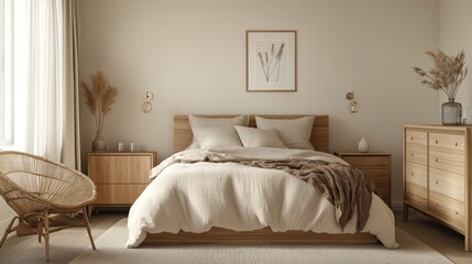 A tranquil Scandinavian minimalist bedroom design showcasing natural wood furniture