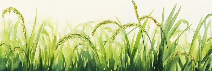 Obraz premium Watercolor illustration of a rice field, with green grass and a white background, detailed depiction of the ears of rice growing in the paddy fields, tranquil feel, agriculture banner 