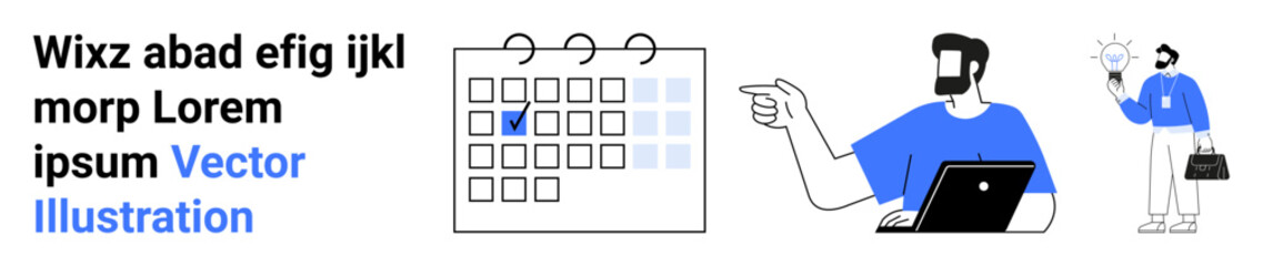 Calendar with marked date, man using laptop, another person holding lightbulb and briefcase. Ideal for time management, creative thinking, planning, teamwork, innovation, productivity flat landing